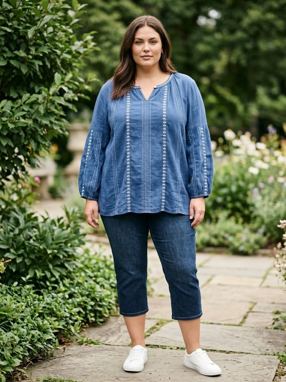 J Jill Women's Blue Embroidered Split Neck Long Sleeve Tunic Blouse 3X